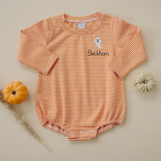 Custom Embroidered Orange Striped Halloween Bubble Romper - Ghost