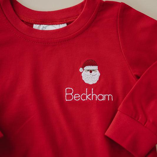 Custom Embroidered Red Christmas Bubble Romper or Tee - Santa