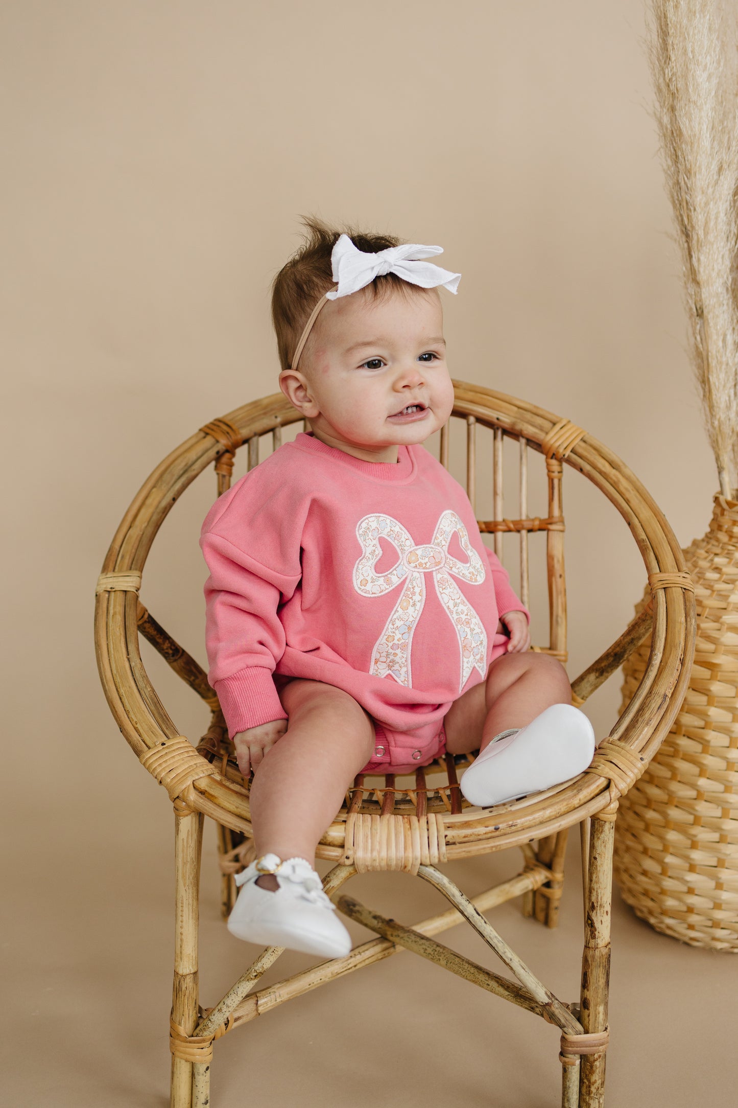 Applique Floral Bow Sweatshirt Romper