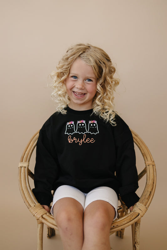 Custom Embroidered Black Halloween Sweatshirt, Tee or Bubble Romper - Girly Ghosts
