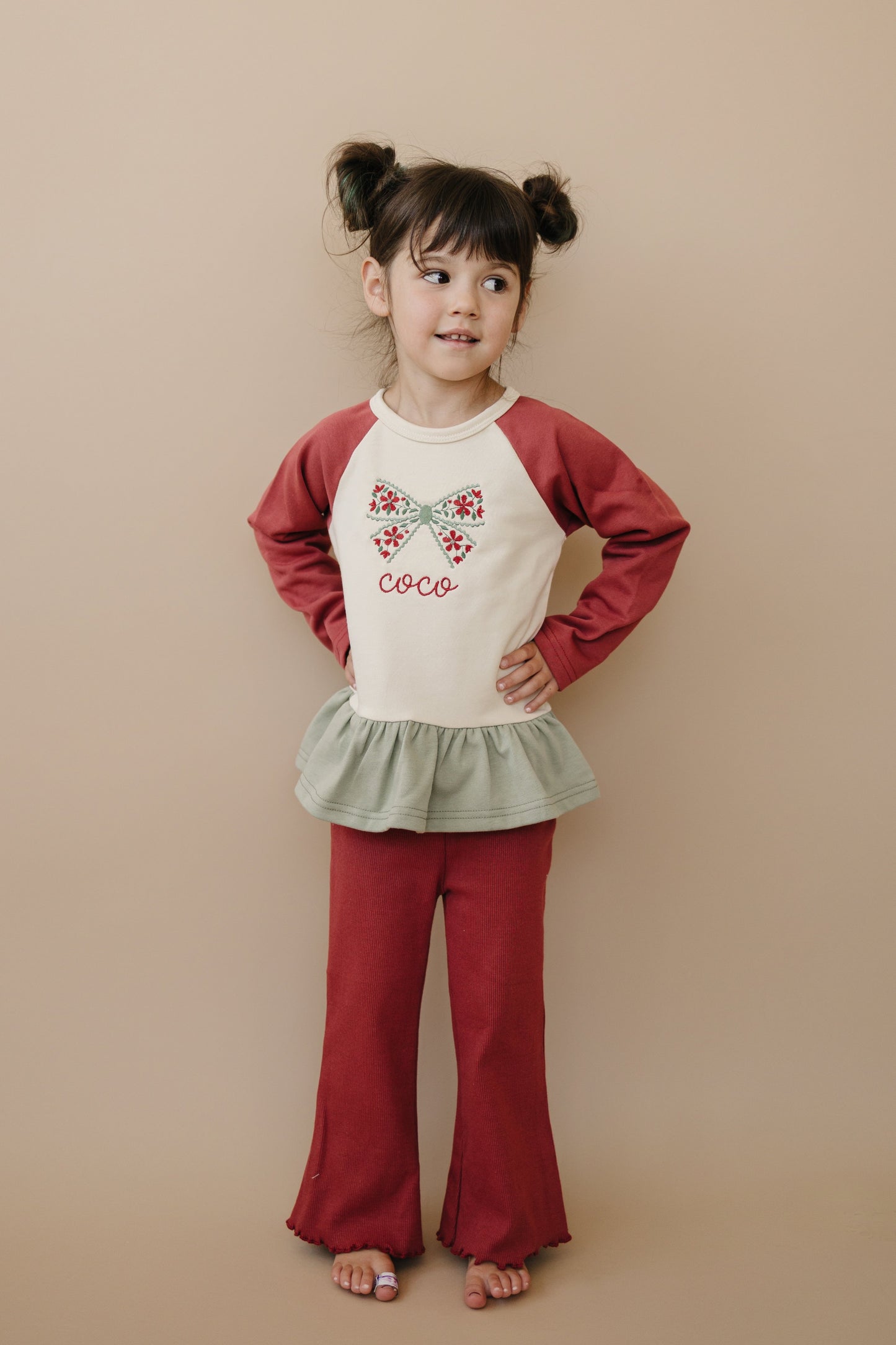 Custom Embroidered Christmas Colorblock Peplum - Floral Bow