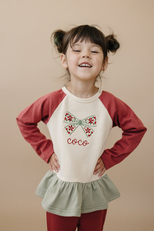 Custom Embroidered Christmas Colorblock Peplum - Floral Bow