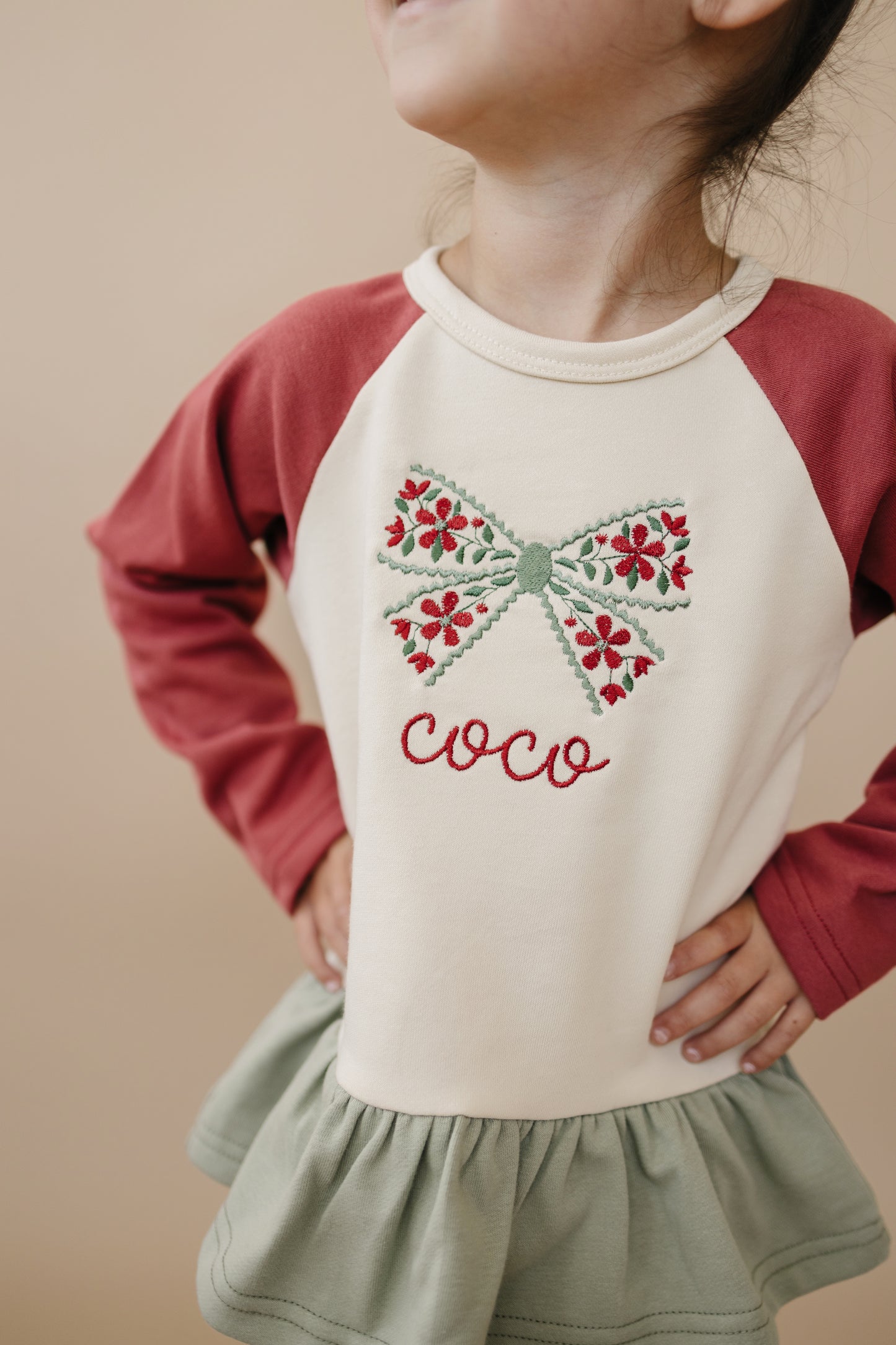 Custom Embroidered Christmas Colorblock Peplum - Floral Bow