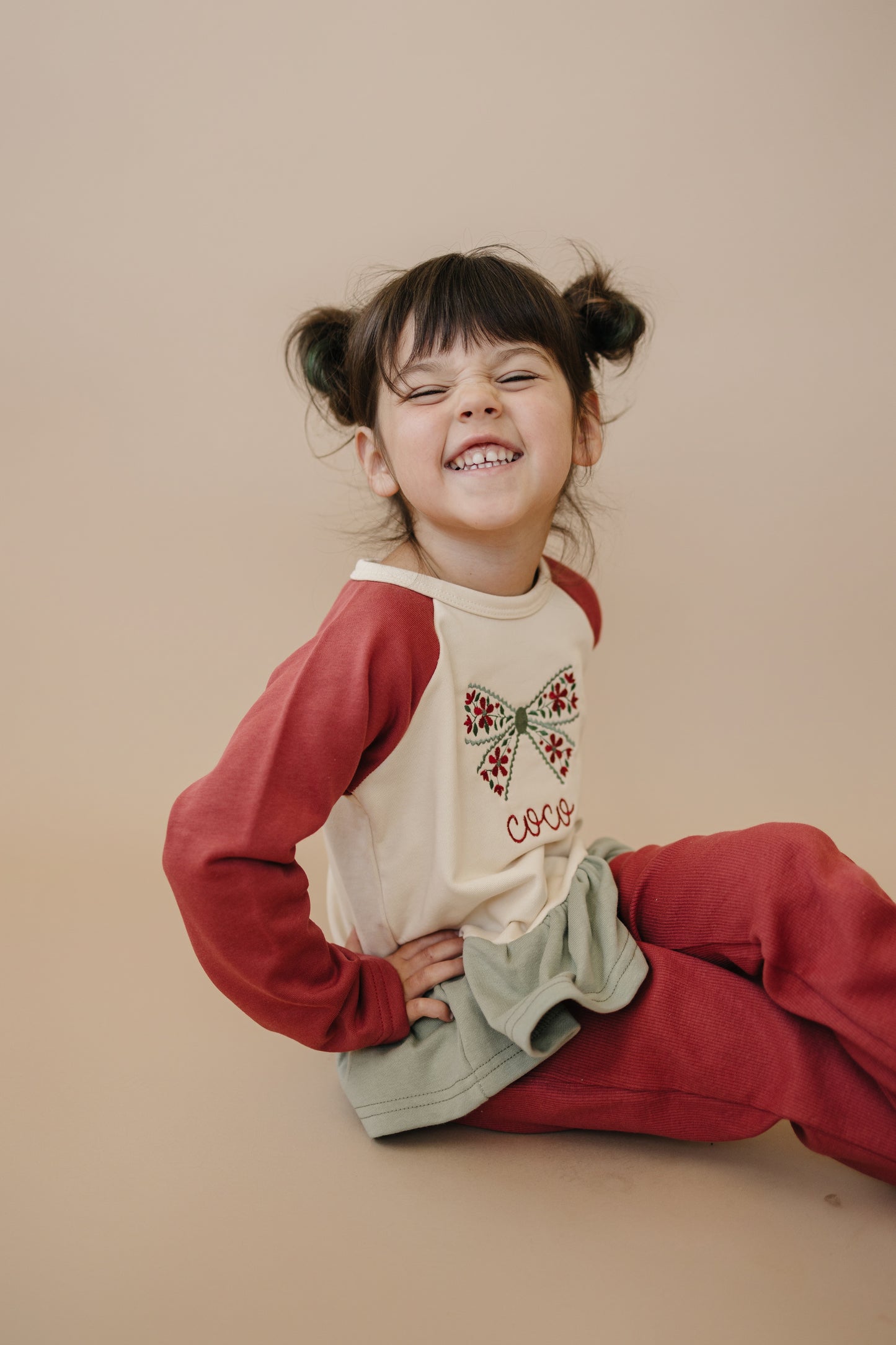 Custom Embroidered Christmas Colorblock Peplum - Floral Bow