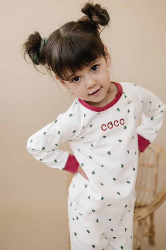 Custom Embroidered Tiny Trees Christmas Organic Cotton Lounge Set