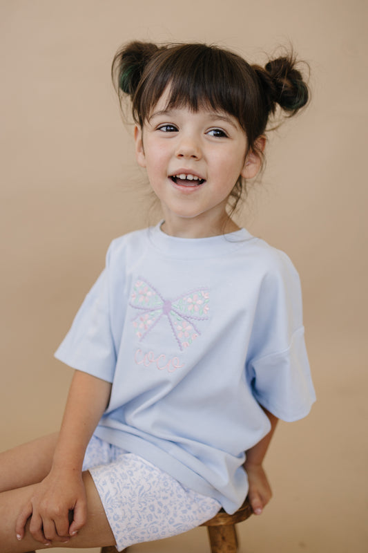 Custom Embroidered Light Blue Oversized Tee or T-Shirt Romper - Floral Bow Design