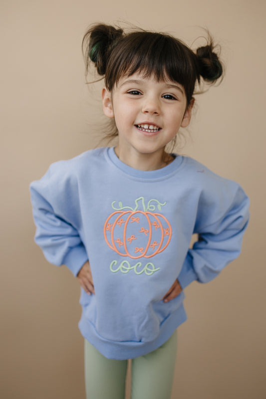 Custom Embroidered Bow Pumpkin Crewneck Sweatshirt or Bubble Romper - Blue or Purple