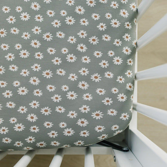 Light Green Daisy Bamboo Stretch Crib Sheet - Little Joy Co.