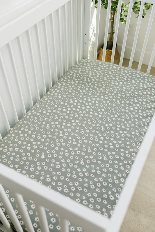 Light Green Daisy Bamboo Stretch Crib Sheet - Little Joy Co.