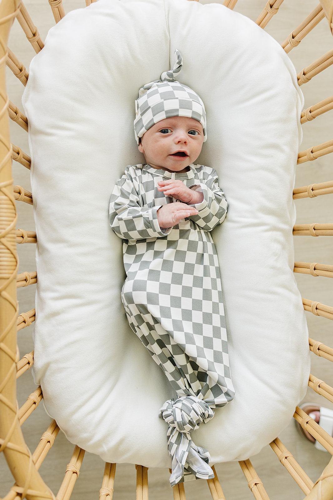 Light Green Checkered Bamboo Newborn Knot Hat - Little Joy Co.