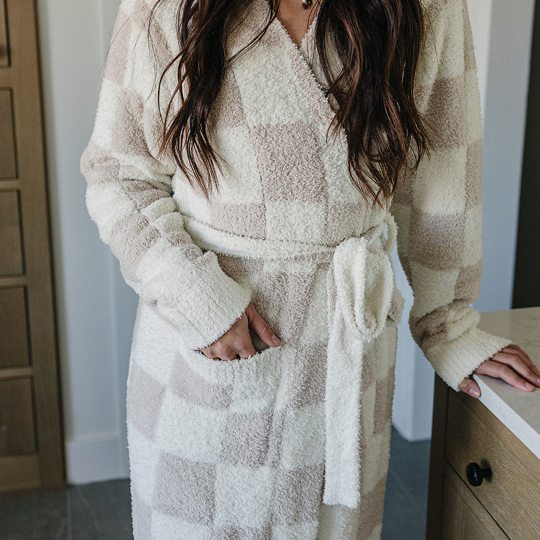 Women's Taupe Checkered Robe