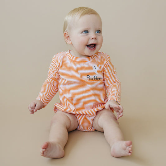 Custom Embroidered Orange Striped Halloween Bubble Romper - Ghost