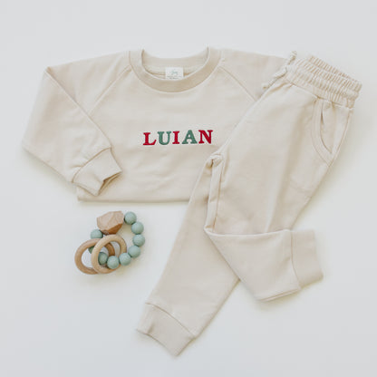 Custom Embroidered Christmas Organic Cotton Jogger Set - Cream