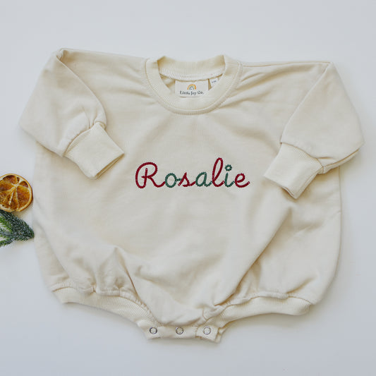 Custom Embroidered Christmas Sweatshirt Romper - Cream