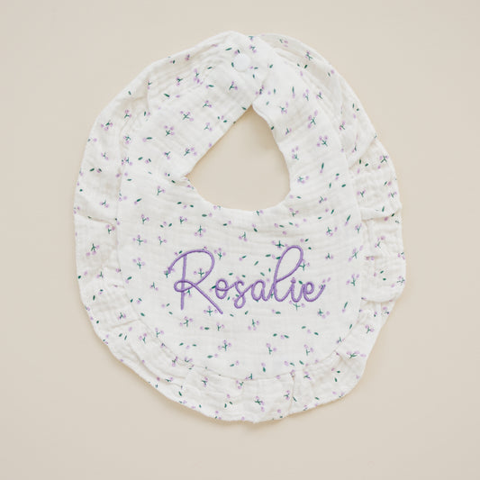 Custom Embroidered Floral Ruffled Muslin Bib - more options