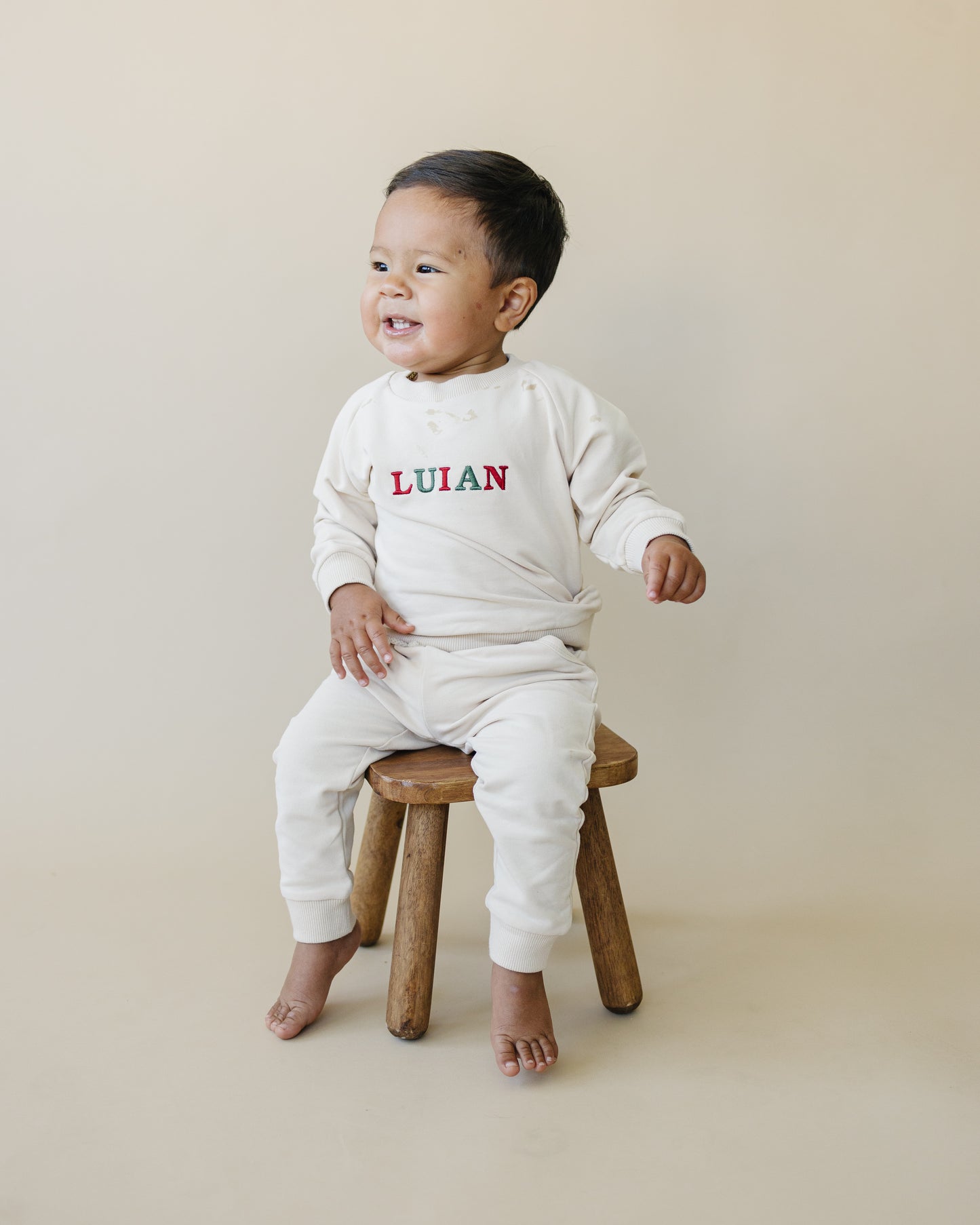 Custom Embroidered Christmas Organic Cotton Jogger Set - Cream