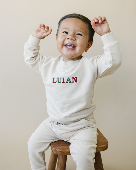 Custom Embroidered Christmas Organic Cotton Jogger Set - Cream