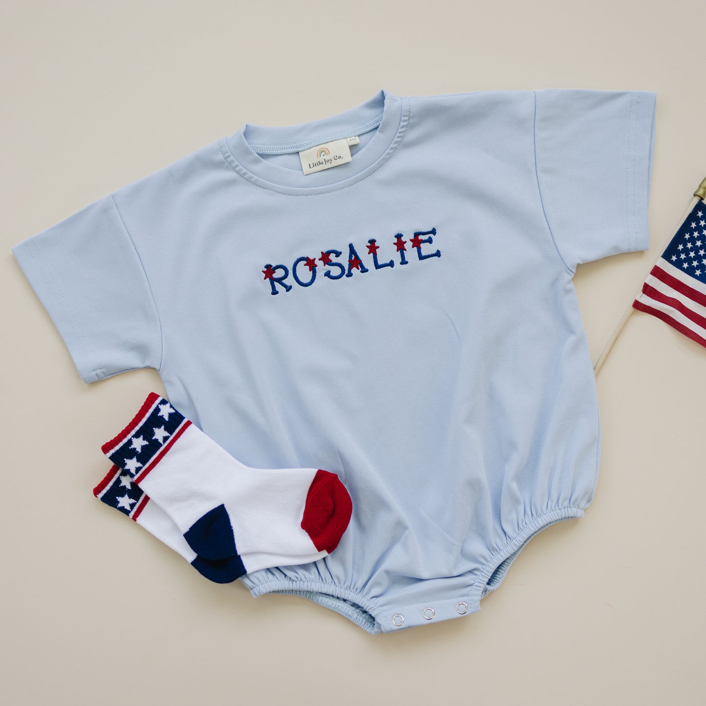 Custom Embroidered Light Blue 4th of July T-Shirt Romper - bow or pick your own design!