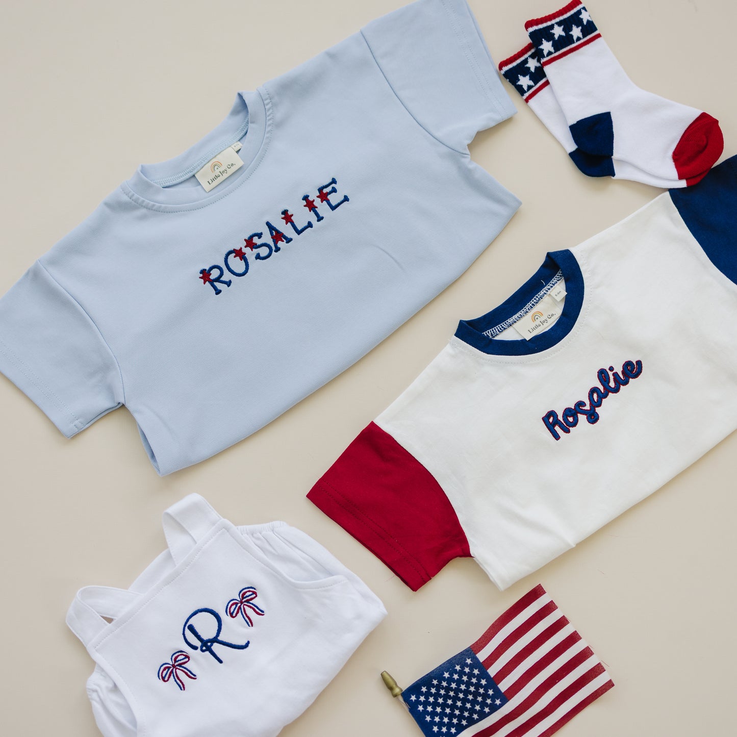 Custom Embroidered Light Blue 4th of July T-Shirt Romper - bow or pick your own design!
