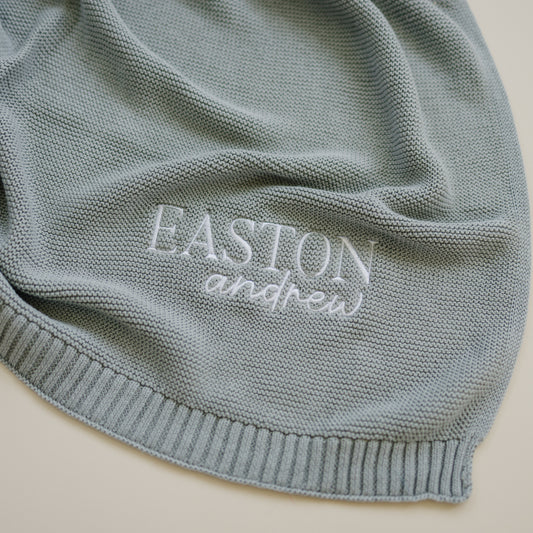 Custom Embroidered Knit Blanket - Blue Gray