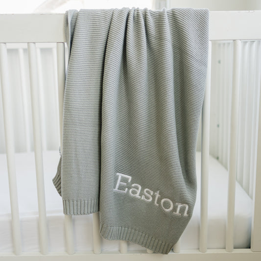Custom Embroidered Knit Blanket - Blue Gray