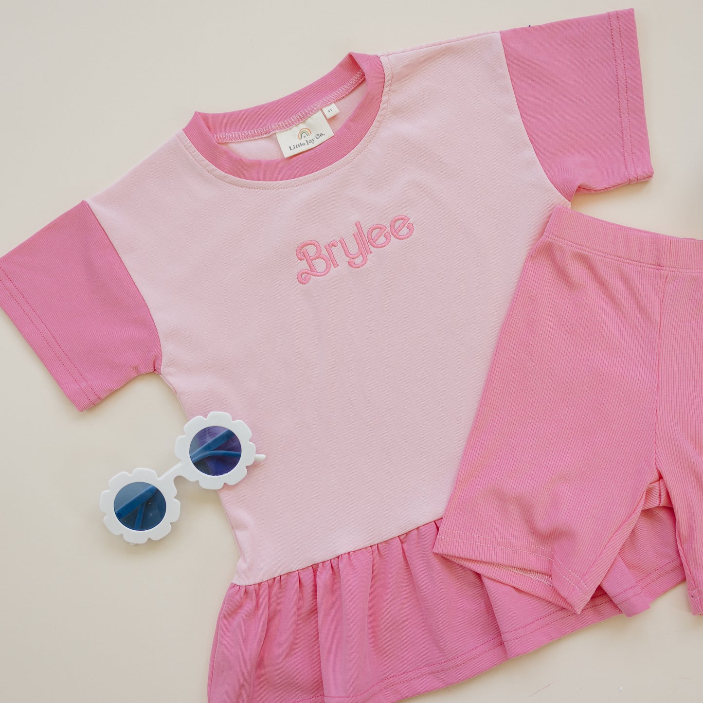 Custom Embroidered Colorblock Peplum Tee and Biker Shorts Set