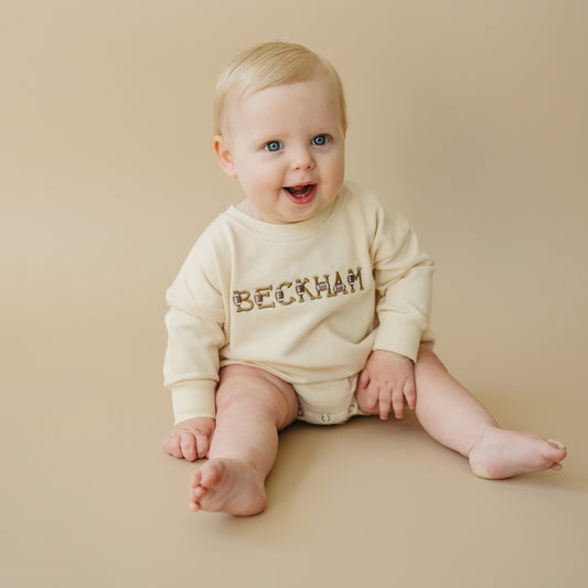 Custom Embroidered Sweatshirt Romper - Football or Baseball Font