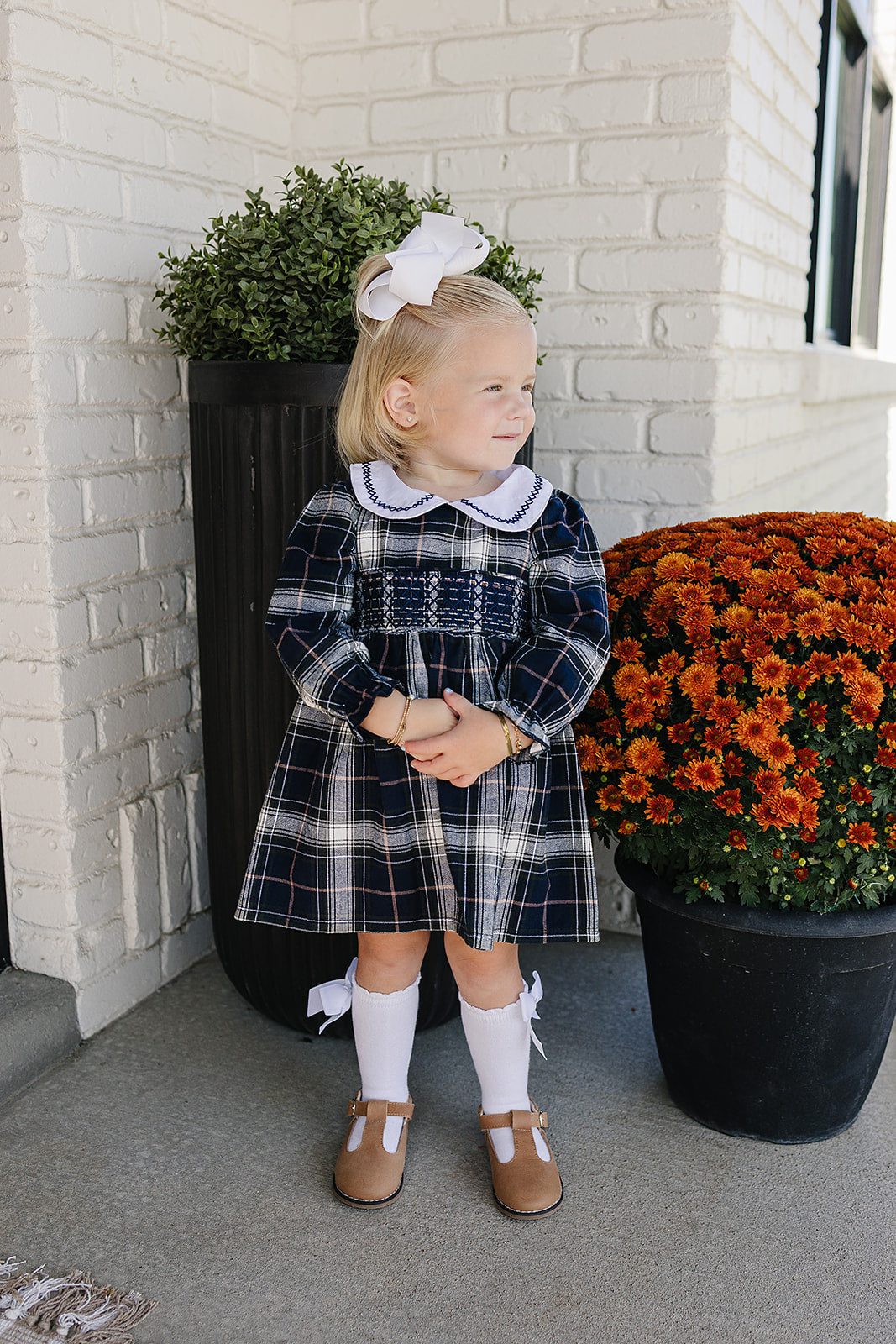 Navy Plaid Smocked Dress