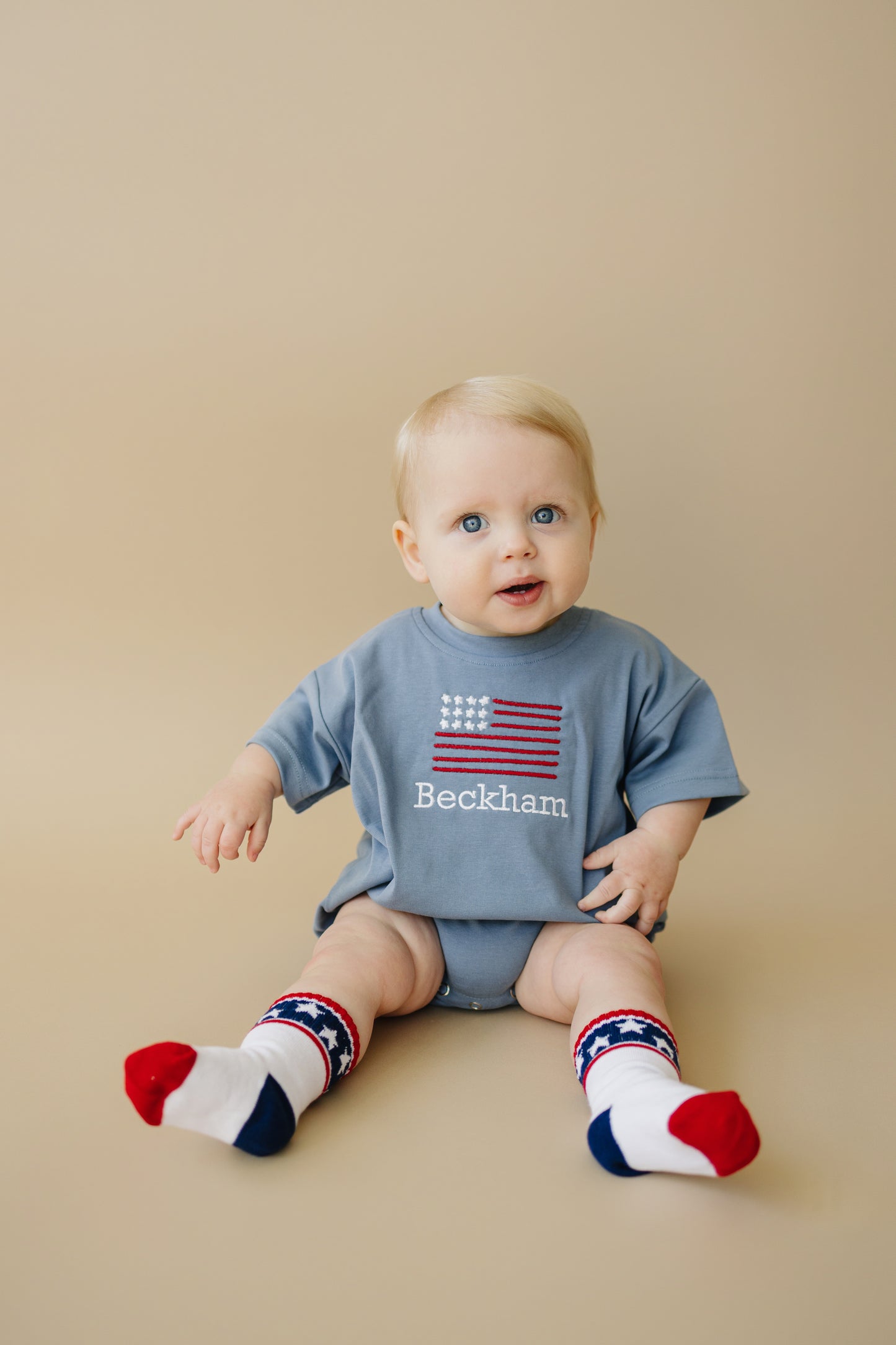 Custom Embroidered Blue 4th of July Oversized Tee or T-Shirt Romper - flag or pick your design!