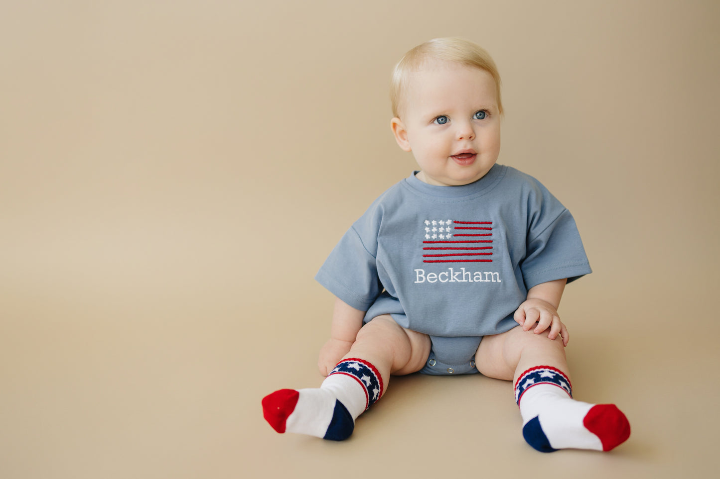 Custom Embroidered Blue 4th of July Oversized Tee or T-Shirt Romper - flag or pick your design!