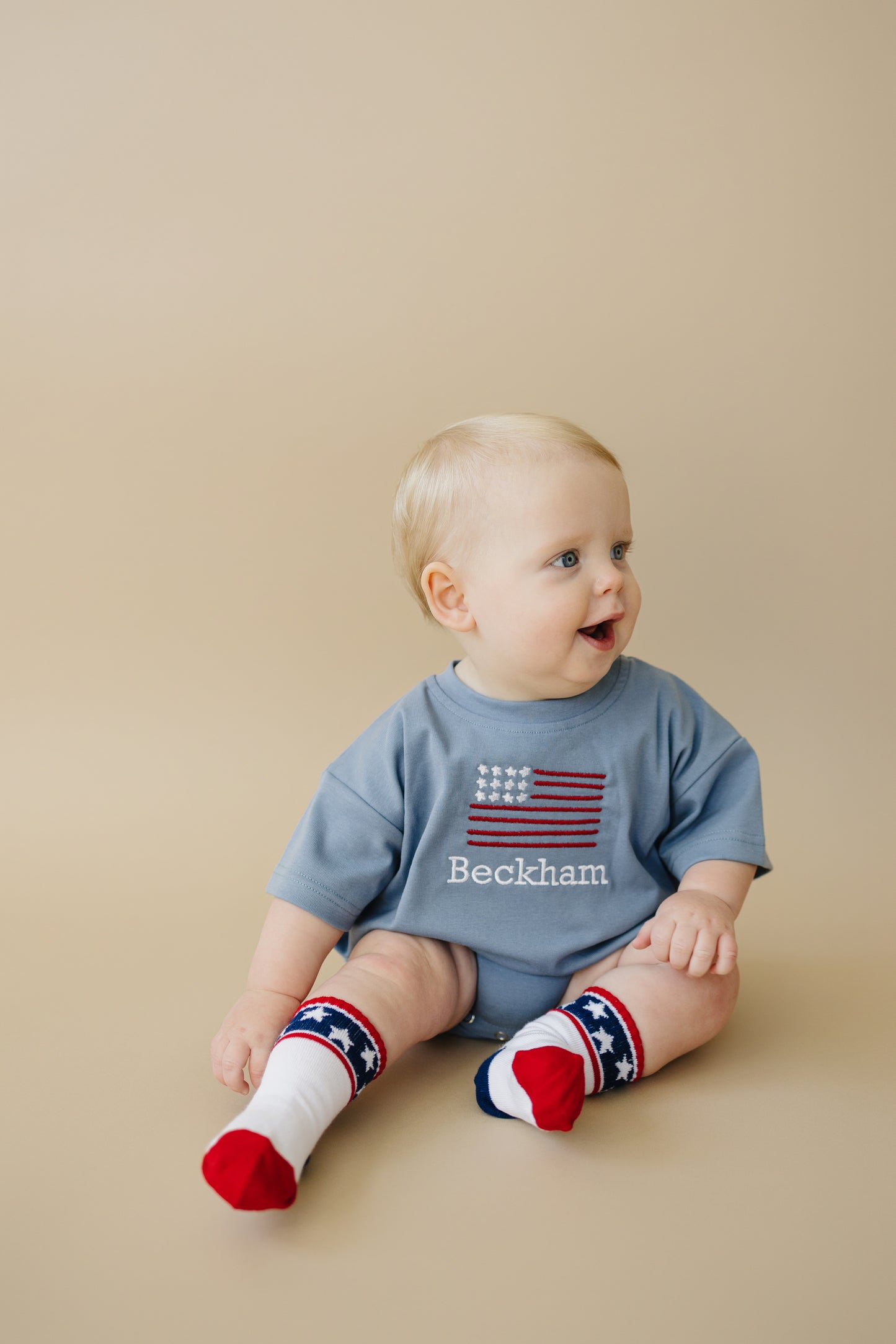 Custom Embroidered Blue 4th of July Oversized Tee or T-Shirt Romper - flag or pick your design!
