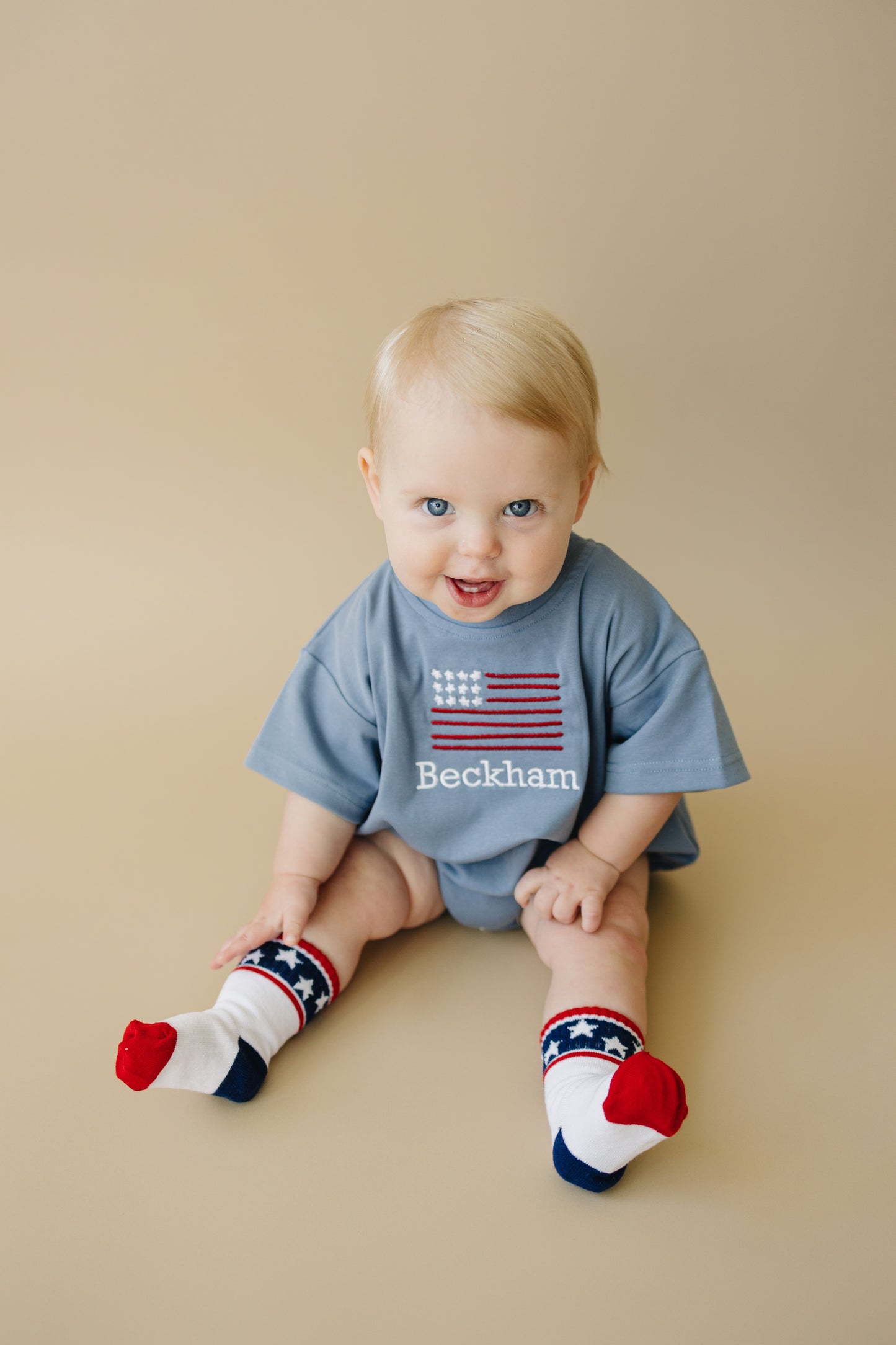 Custom Embroidered Blue 4th of July Oversized Tee or T-Shirt Romper - flag or pick your design!