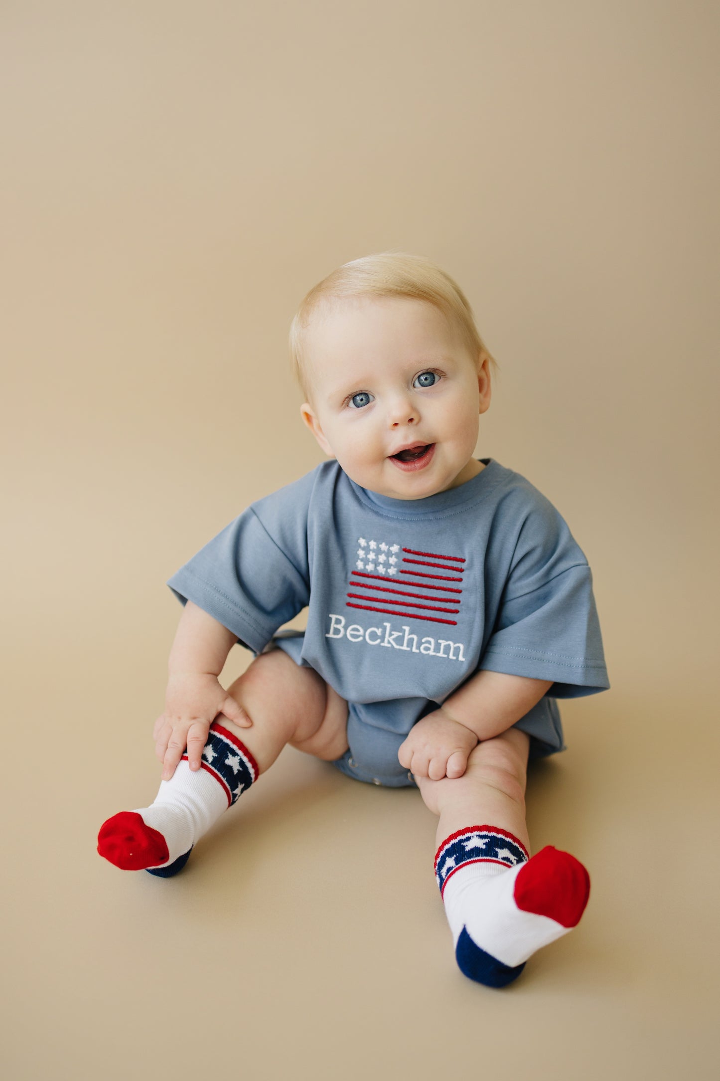 Custom Embroidered Blue 4th of July Oversized Tee or T-Shirt Romper - flag or pick your design!