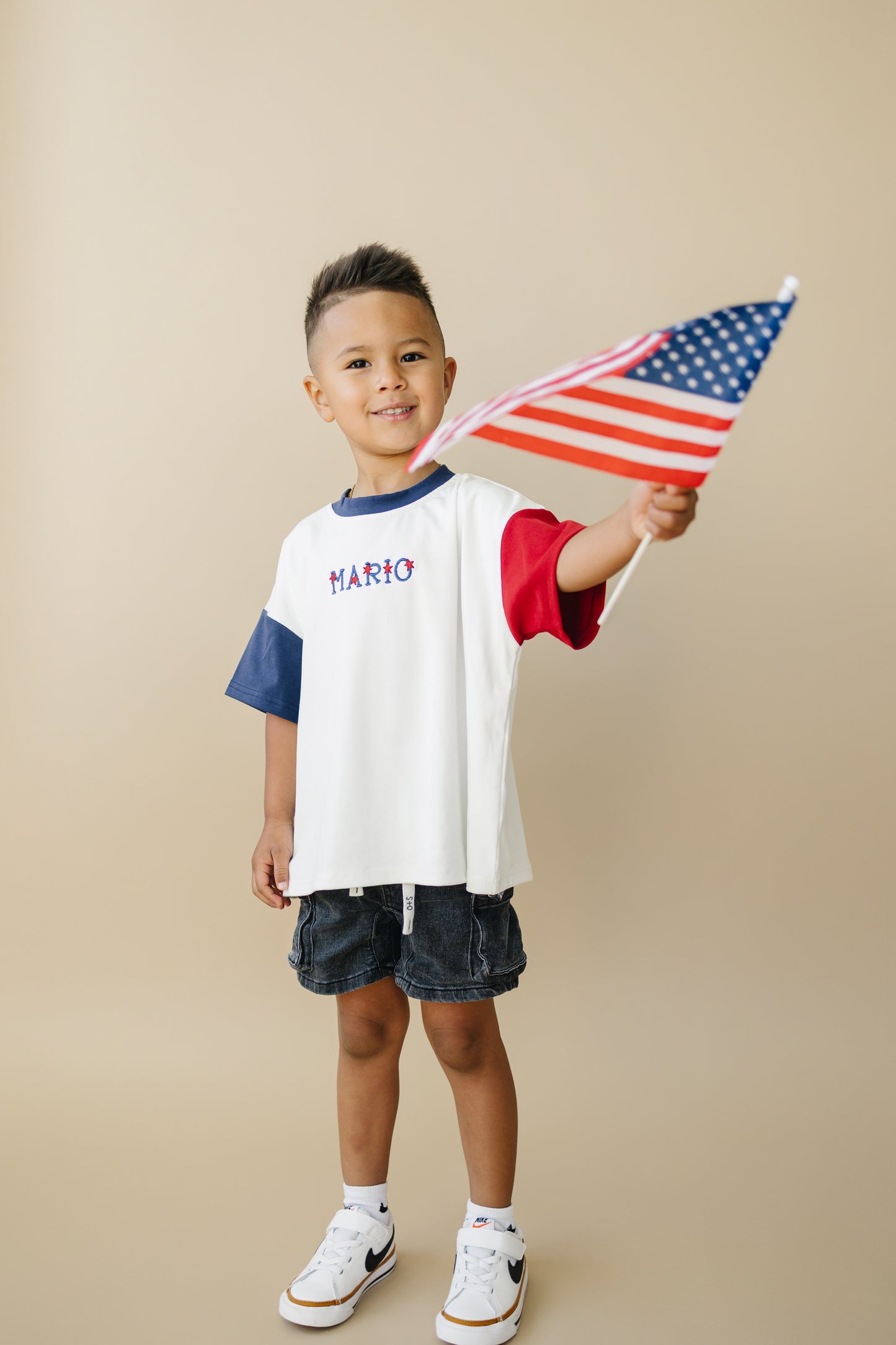 Custom Embroidered 4th of July Oversized Colorblock Tee - Star Font