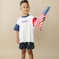 Custom Embroidered 4th of July Colorblock T-Shirt Romper or Oversized Tee - Flag