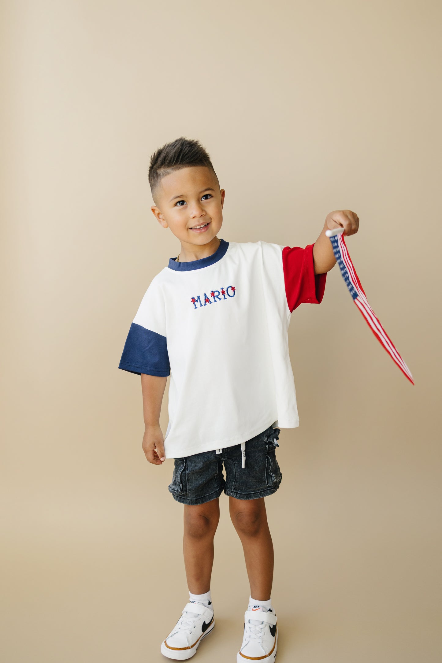 Custom Embroidered 4th of July Oversized Colorblock Tee - Star Font