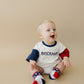 Custom Embroidered 4th of July Colorblock T-Shirt Romper or Oversized Tee - Flag