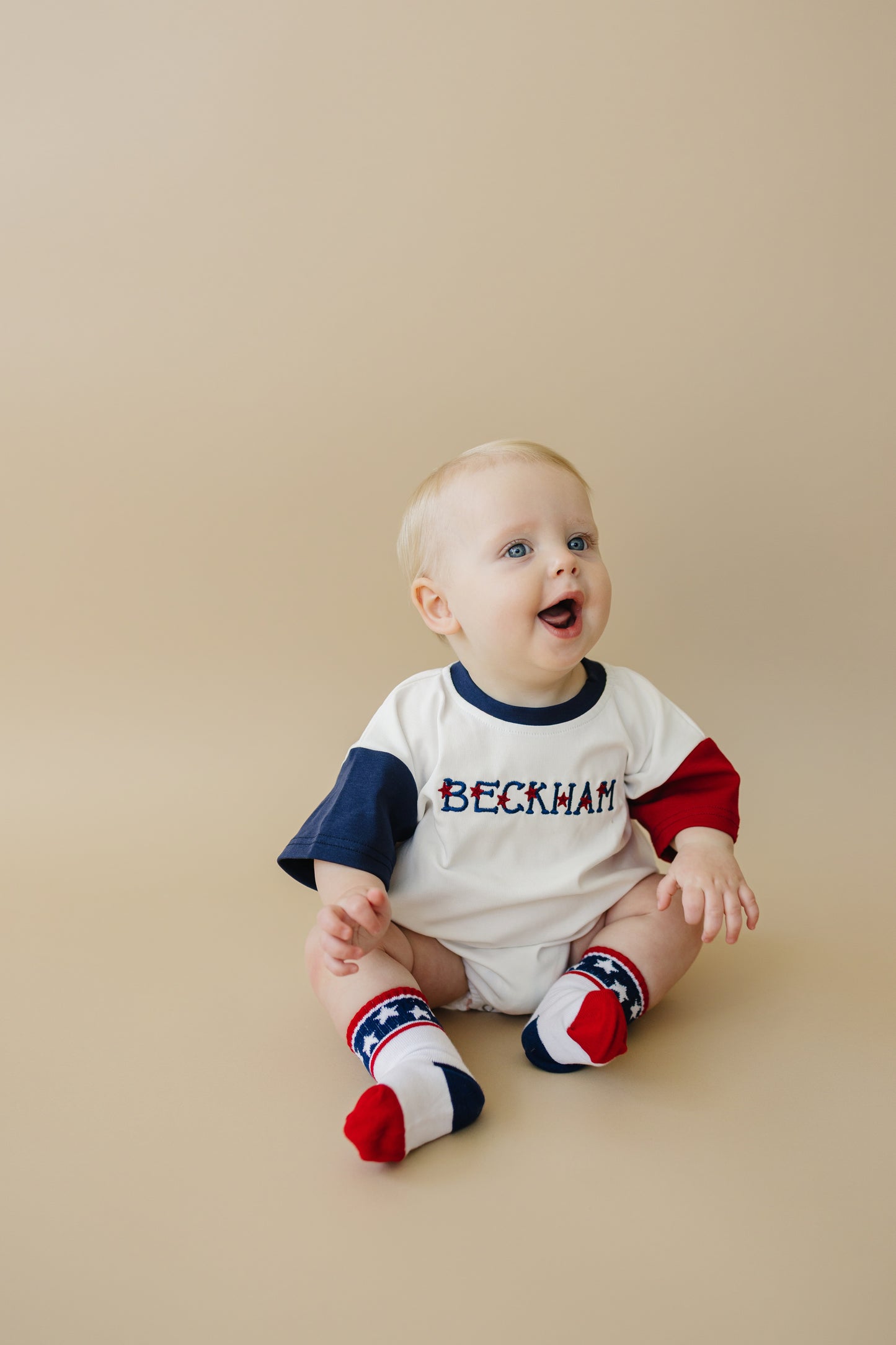 Custom Embroidered 4th of July Colorblock T-Shirt Romper or Oversized Tee - Flag