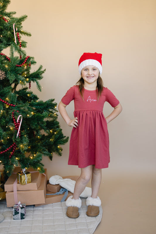 Custom Embroidered Organic Cotton Christmas Twirl Dress - Red or Green