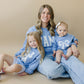 Blue Toile Applique Bow Sweatshirt Romper or Crewneck