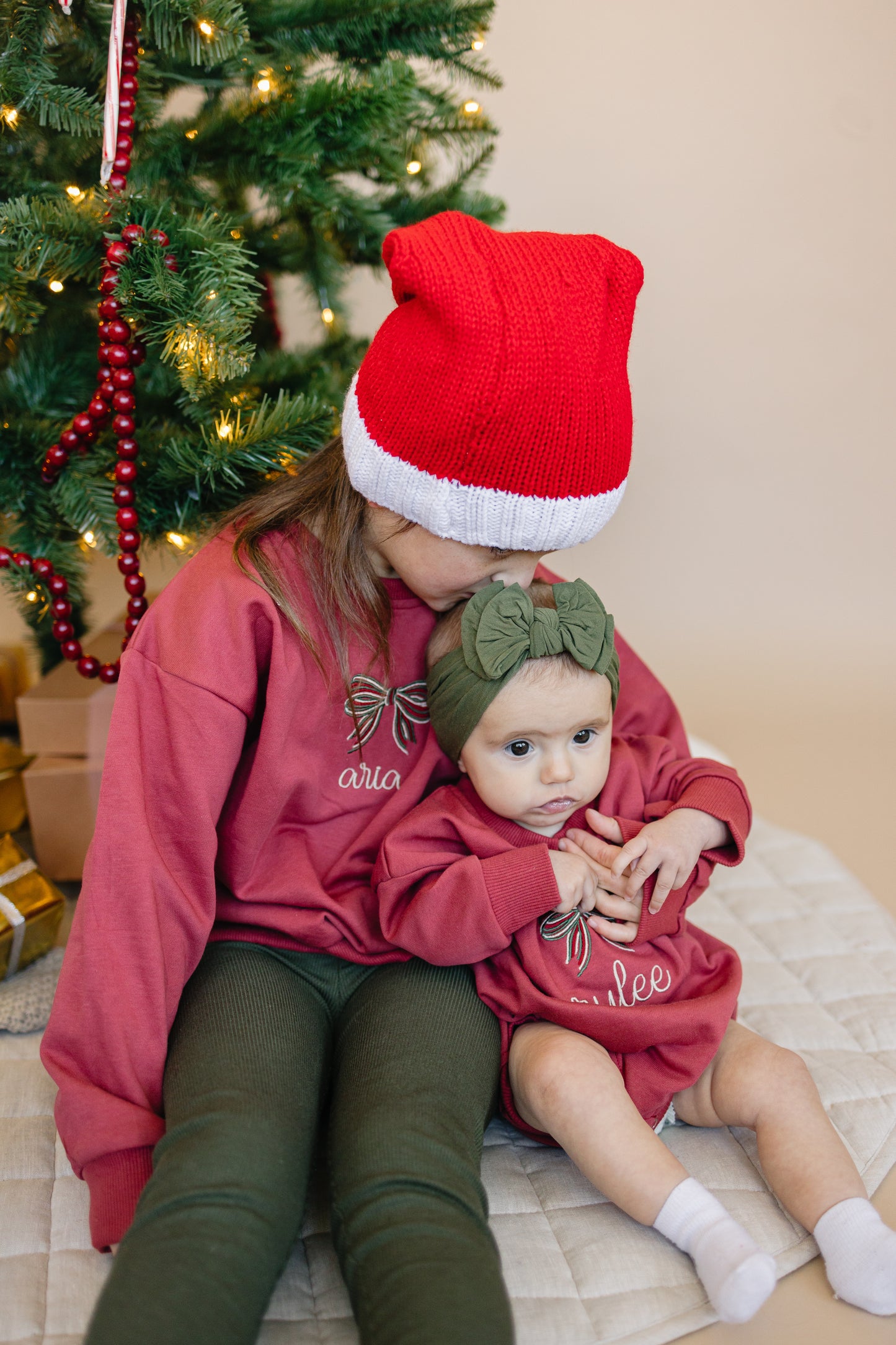 Custom Embroidered Christmas Bow Sweatshirt or Romper