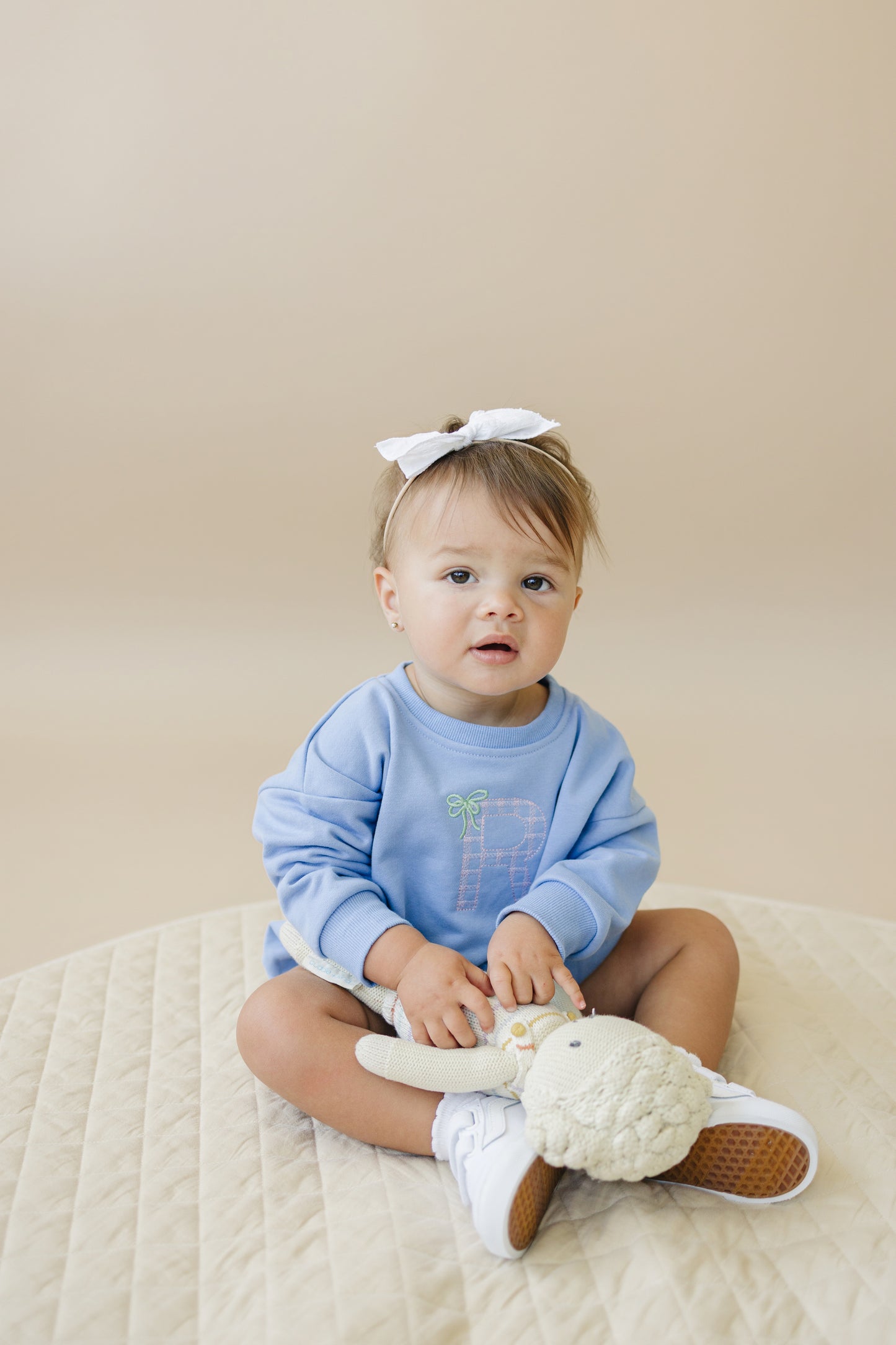 Custom Embroidered Crewneck Sweatshirt or Romper - Light Blue