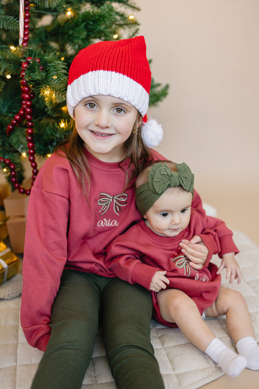 Custom Embroidered Christmas Bow Sweatshirt or Romper