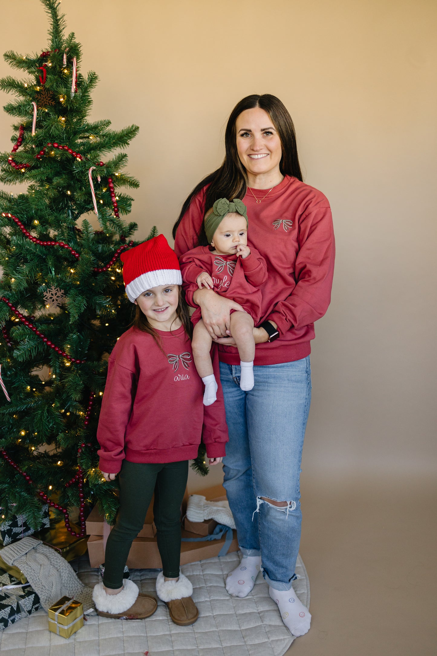 Custom Embroidered Christmas Bow Sweatshirt or Romper