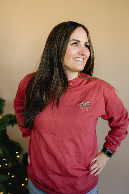 Women's Embroidered Christmas Bow Crewneck Sweatshirt