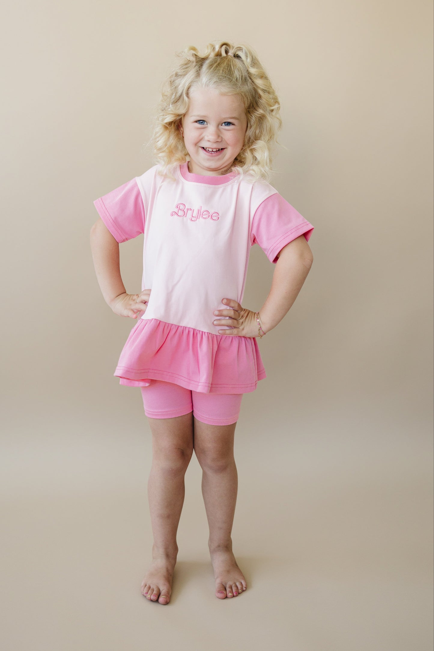 Custom Embroidered Colorblock Peplum Tee and Biker Shorts Set