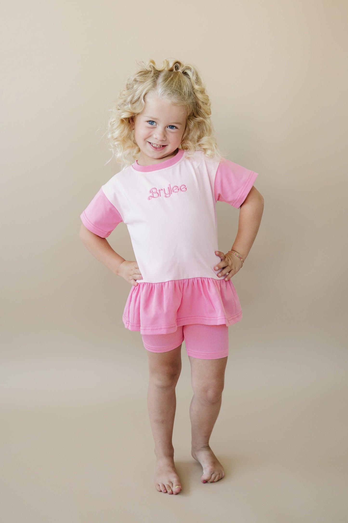 Custom Embroidered Colorblock Peplum Tee and Biker Shorts Set