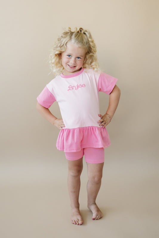 Custom Embroidered Colorblock Peplum Tee and Biker Shorts Set