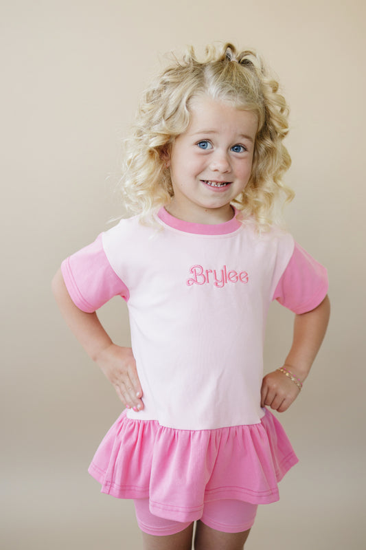 Custom Embroidered Colorblock Peplum Tee and Biker Shorts Set