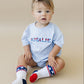 Custom Embroidered Light Blue Oversized Tee or T-Shirt Romper - Back to School Crayon Font